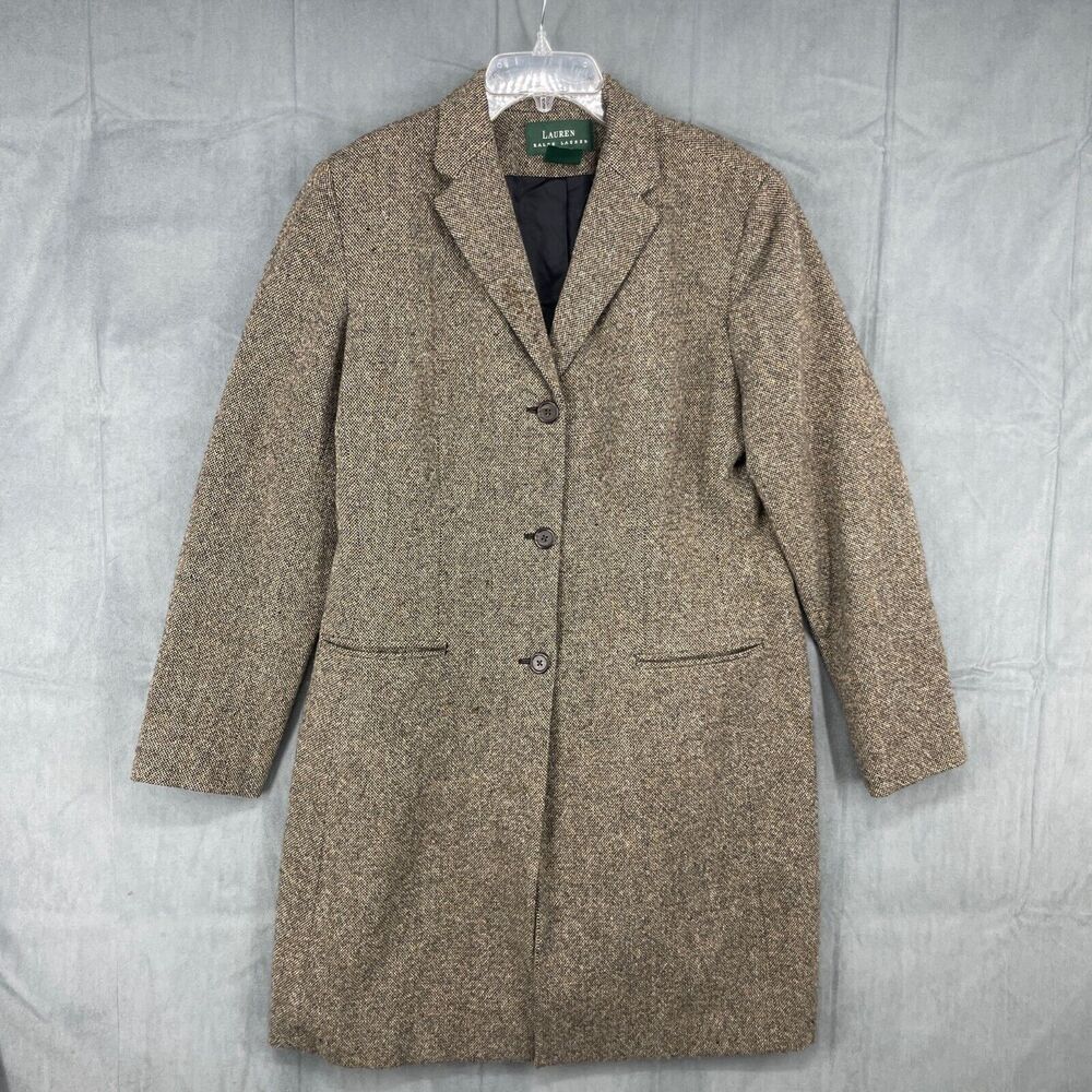 Lauren Ralph Lauren Coat Womens 14 Brown 100% Lambswool Knit Button Up Preppy